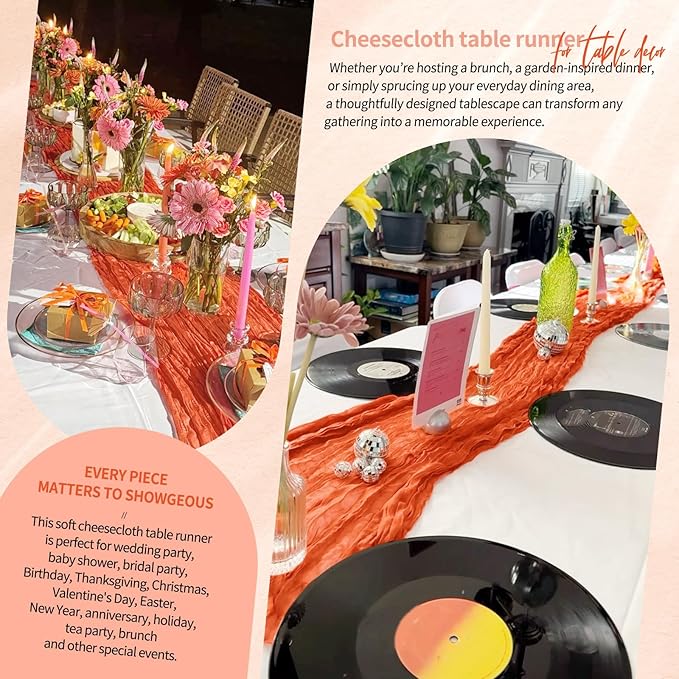 1 Pack Cheesecloth Table Runner 10FT Orange Table Runner Boho Gauze Cheese Cloth Table Runners Long Rustic Sheer Table Decorations for Wedding Party Baby Bridal Shower Birthday Holiday Home