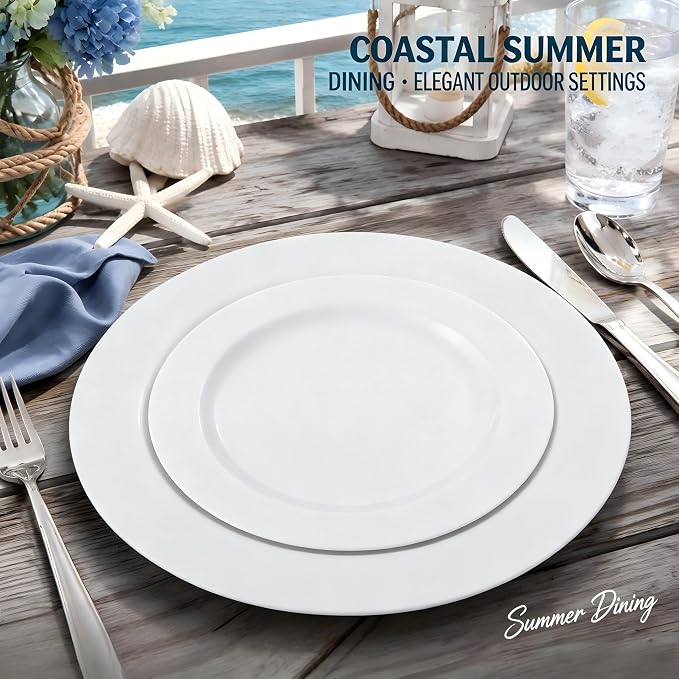 FLOWERCAT 60PCS White Plastic Plates - Heavy Duty White Disposable Plates for 4th of July/Birthday Party/Wedding -serve for 30 guests Include 30PCS 10.25" & 30PCS 7.5" Plates for Summer Party