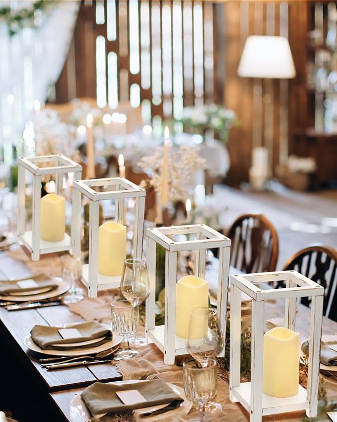 Huquary 24 Pcs/12 Set Wooden Wedding Lantern Centerpiece Rustic Lantern Candle Holders with Flameless LED Candles for Home Christmas Wedding Party Table Decoration(White)
