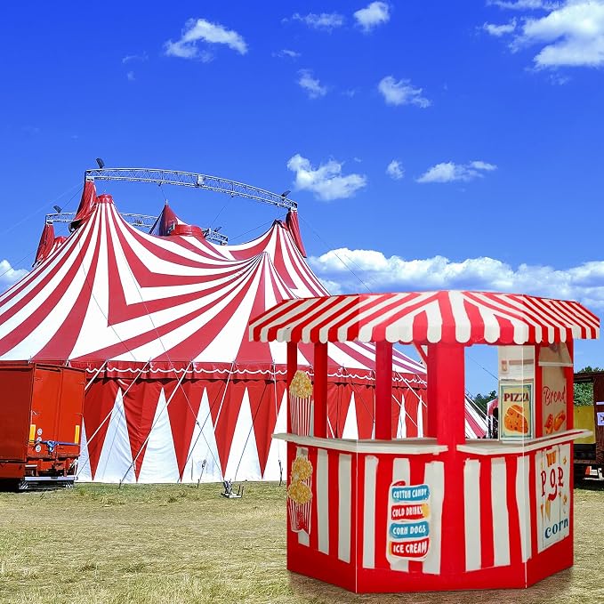 Threehoney 7.6ft 3D Carnival Vendor Booth Cardboard Cutout Stand up Life Size Circus Theme Party Decorations Backdrop Photo Prop Popcorn Bar Stand up for Carnival Party Decoration Supply