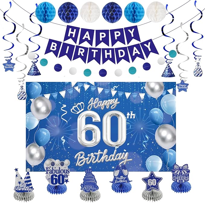 Happy 60th Birthday Party Decoration: Including Birthday Banner Backdrop, Party Table Centerpieces and Hanging Swirl Party Streamers, Birthday Decor for Men and Women (Blue, 60th Birthday)