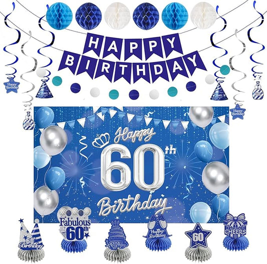 Happy 60th Birthday Party Decoration: Including Birthday Banner Backdrop, Party Table Centerpieces and Hanging Swirl Party Streamers, Birthday Decor for Men and Women (Blue, 60th Birthday)