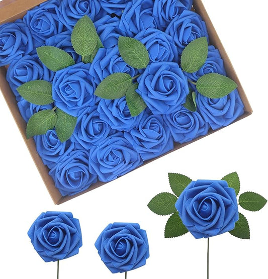 JOYLEX 100Pcs Royal Blue Artificial Flowers Realistic Roses, Real Looking Fake Roses with Stem for DIY Wedding Bouquets Centerpieces Bridal Shower Party Home Romantic Decorations (Blue, 100pcs)