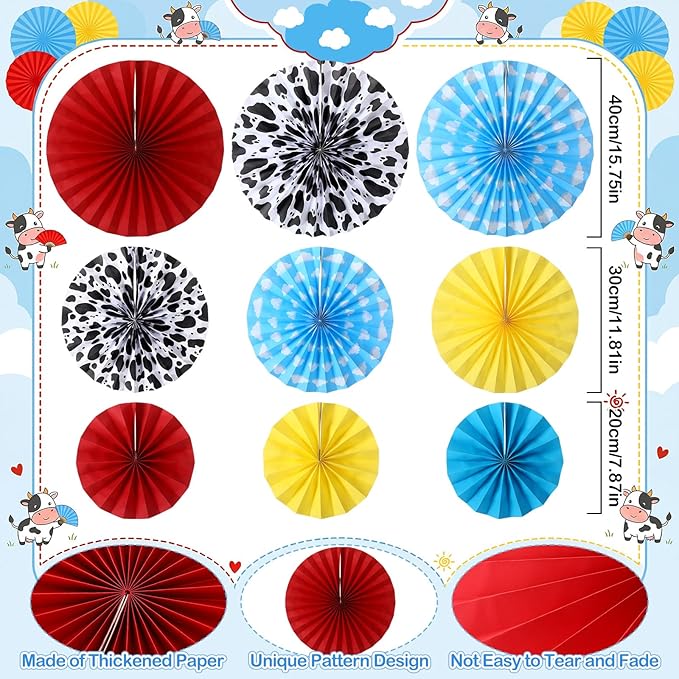 Outus 9 Pcs Cartoon Story Party Paper Fans Blue Sky White Clouds and Cow Print Hanging Decorations Red Yellow Blue Paper Fans Hanging Ceiling Wall Decors for Birthday Baby Shower Party Supplies