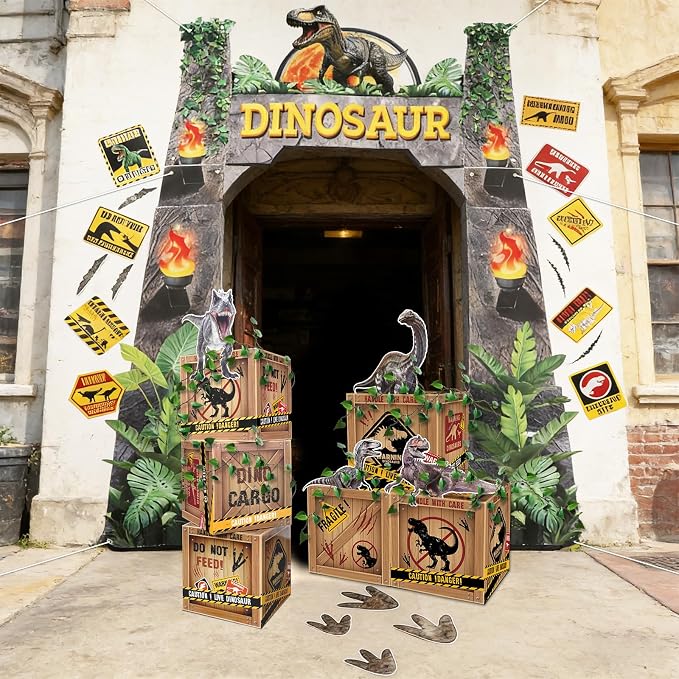 33Pcs Dinosaur Party Decorations Set Jungle Dino Door Banner 12 Inch Dinosaur Theme Boxes Dino Paper Signs Cutouts Party Favor Boxes for Tropical Jungle Safari Birthday Baby Shower Photo Booth Props