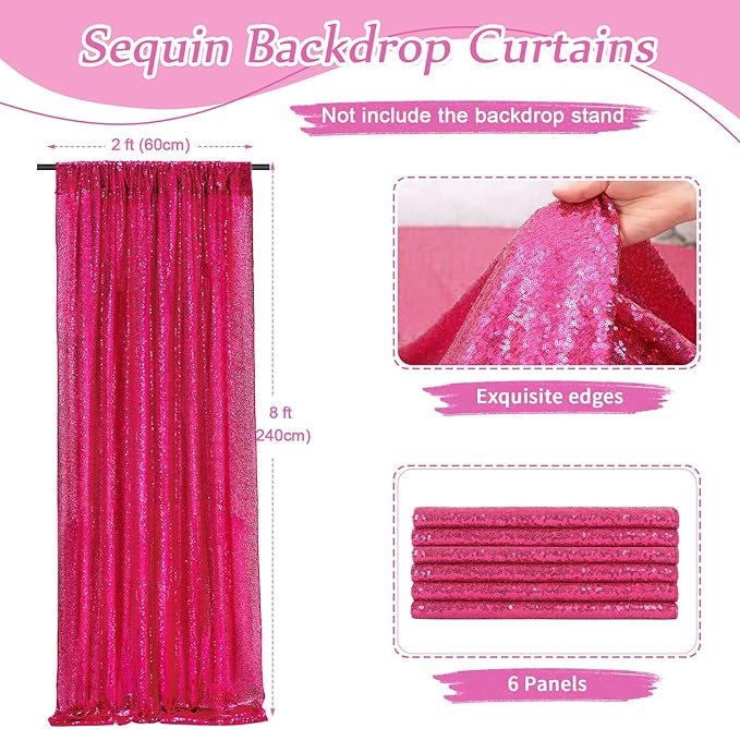 Fuchsia Glitter Sequin Backdrop Curtains 6 Pieces 2ftx8ft Dessert Backdrop Wedding Party Decor Glitter Photography Background Christmas Party Decoration