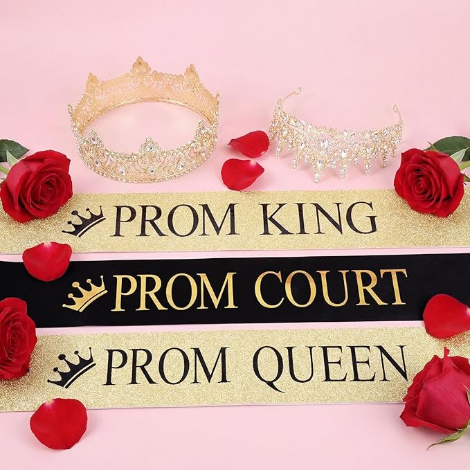 Retrowavy 12 Pcs Prom Crown and Sash Set, Prom King and Queen Tiara Rhinestone Crown Satin Sash for Graduation Party
