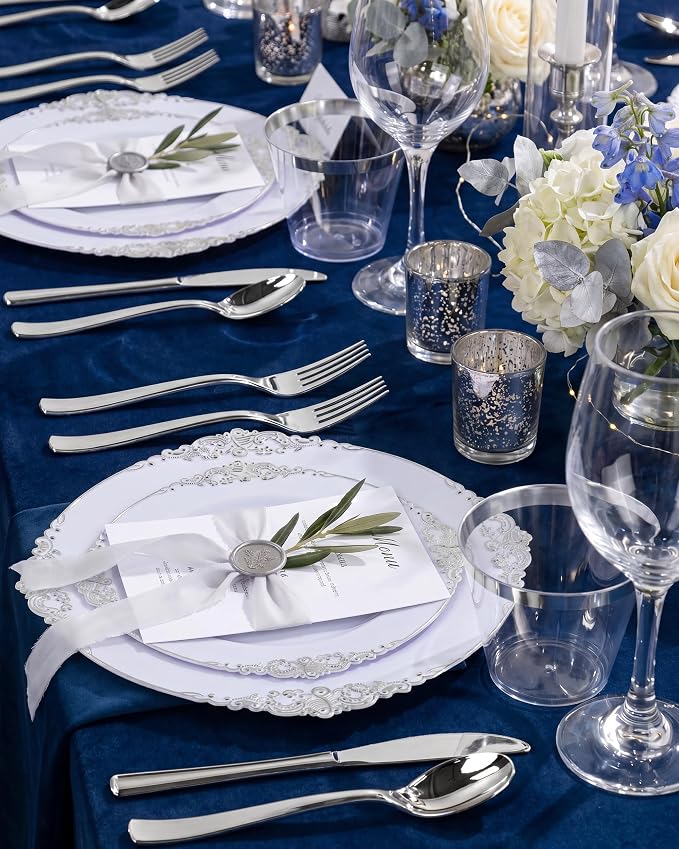 Nervure 600PCS Silver Plastic Dinnerware - White and Silver Disposable Plates for 100 Guests - 200 Disposable Plates, 300 Plastic Silverware and100 Cups for Wedding & Party