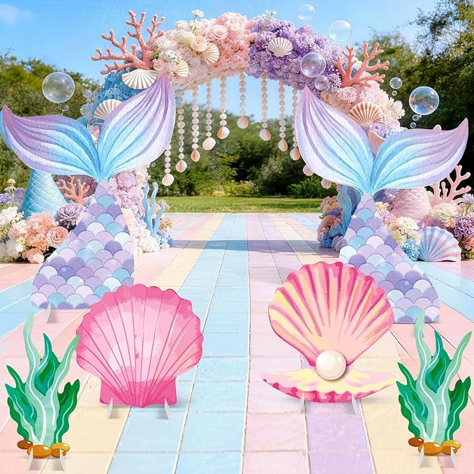 6 Pcs Mermaid Backdrop Under The Sea Birthday Party Decorations Large Mermaid Tail Seaweed Seashell Cardboard Cutouts Ocean Theme Booth Photo Props for Baby Shower Indoor Outdoor Decor
