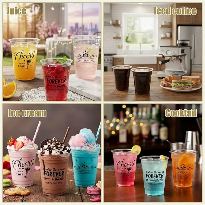 150 Pcs Wedding Plastic Cups Bulk 12oz Bridal Shower Cups Wedding Decorations for Reception Mr and Mrs Cheers to Love Bridal Party Supplies