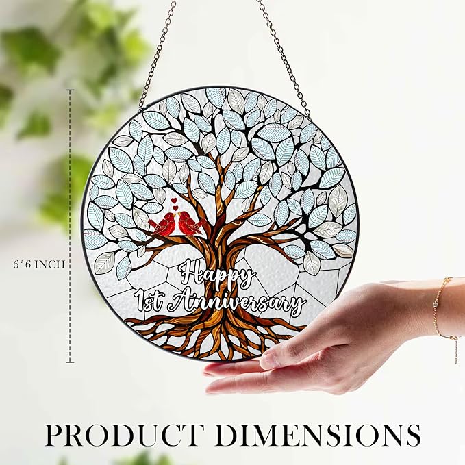 1st Wedding Anniversary Stained Glass Suncatcher, 6x6' Anniversary Decorations, 1st Celebration Marriage Gifts for Parents, Couple, Wife & Husband, 1 Wedding Milestone Keepsake