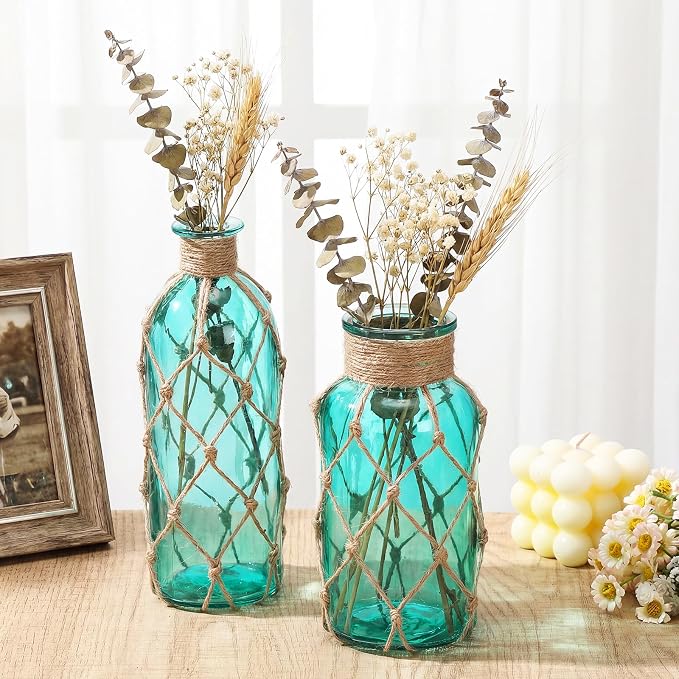 Chuangdi Set of 2 Coastal Glass Vases for Flowers TSITP Flower Vase with Boho Rope Small Sea Glass Jar Nautical Beach Bottle for Wedding Table Centerpieces Floral Arrangement Decor(Blue Green)