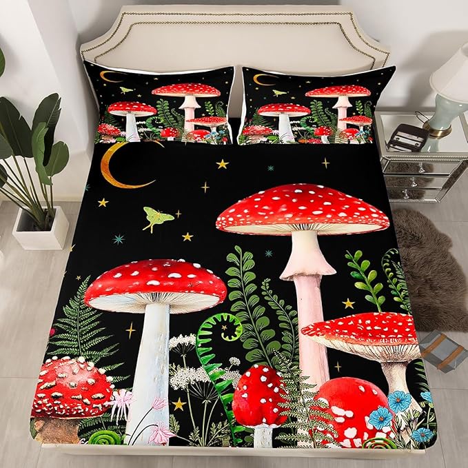 Castle Fairy Red Mushroom Bed Sheet Set for Kids,Magical Plant Snail Sheets Set,Jungle Botanical Home Decor Sheet Sets with Deep Pocket,Top Flat Sheet,1 Pillowcase,Twin Size
