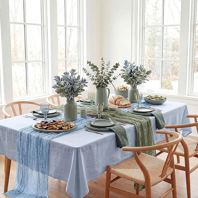 8 Pcs Sage Green and Dusty Blue Cheesecloth Table Runner Boho Gauze Cheese Cloth Runner 118" Rustic Table Decor for Wedding Bridal Baby Shower Anniversary Birthday Party Home Arbor Decorations