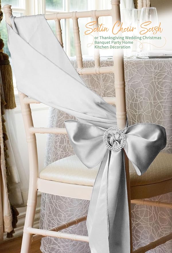 120 PCS Silver Satin Chair Sashes, Ties Bows Designed Chairs Decorative, Chair Cover Sashes for Thanksgiving Wedding Christmas Banquet Party Home Kitchen Decoration (7 x 108 inch)