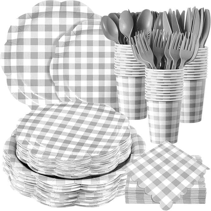 Funnymoom 400 Pcs Gingham Party Supplies for 50 Guests Gray and White Paper Plates and Napkins Knives Spoons Forks Cups Disposable Checkered Dinner Party Set Cutlery for Baby Shower Wedding Favor