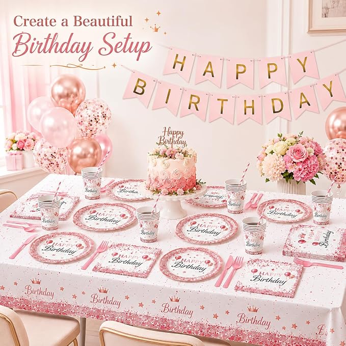 212Pcs Pink Birthday Party Supplies Set, Disposable Plates Napkins Cups Cutlery Tableware Kit with Balloons Banner Tablecloth, Serve 24 Guests for Girls Women Baby Shower Decorations