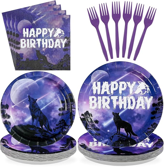 96Pcs Wolf Birthday Party Decorations Galaxy Wolf Plates and Napkins Black Purple Galaxy Disposable Paper Tableware Set for Animal Theme Birthday Outdoor Holiday Party Supplies Serves 24