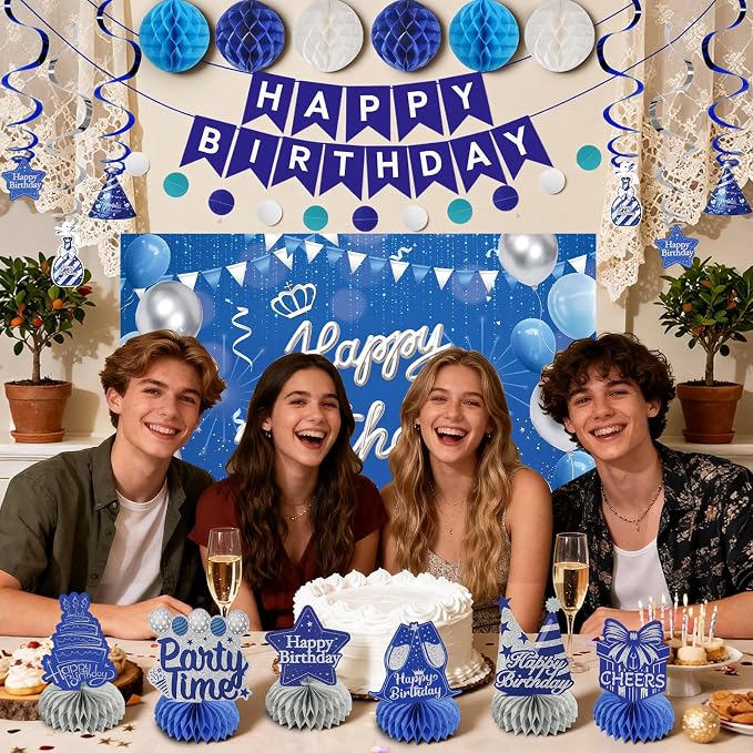 Happy Birthday Party Decoration Set: Including Birthday Banner Backdrop, Party Table Centerpieces and Hanging Swirl Party Streamers, Birthday Decor Suppliers for Men and Women (Blue, Happy Birthday)