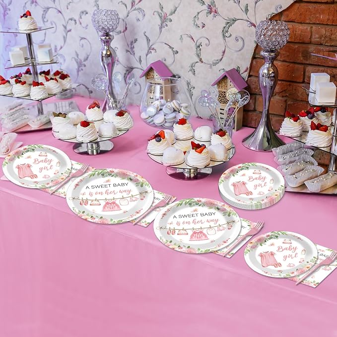 96Pcs Floral Baby Girl Baby Shower Plates and Napkins Decoration Pink Girl Party Tableware Dinnerware Set Rose Gold Paper Plates for Babies Girls Gender Reveal Party Supplies Serves 24 Guests