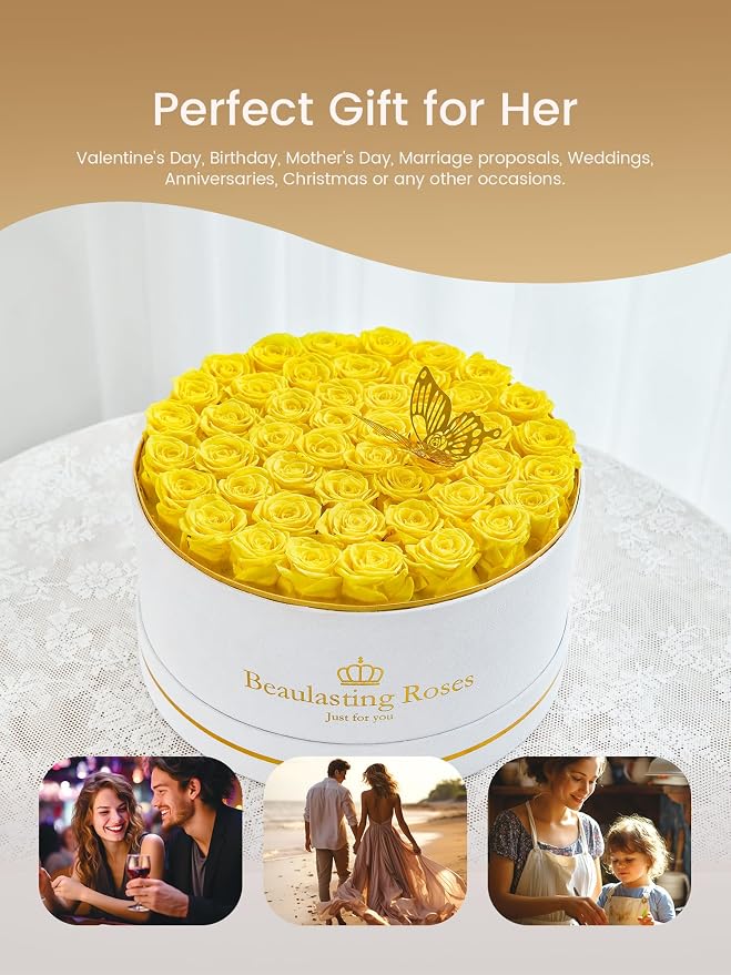 47 Preserved Roses Forever Flowers Real Roses in a Box Mother's Day Birthday Flowers for Her Mom Women Wife Valentine's Day, Yellow Roses