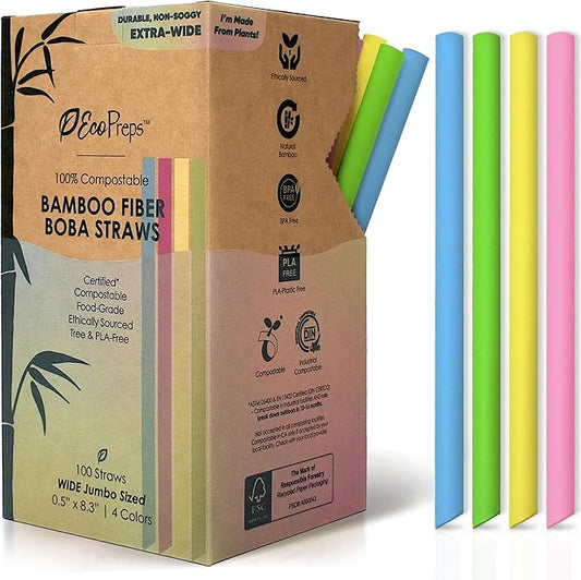 EcoPreps Colorful Biodegradable Jumbo Smoothie Straws, Bamboo Fiber Boba Straws - 100 PCS, Extra Wide, 100% Compostable, Plastic-Free, Eco-Friendly Thick Straw - 8.25" Long Disposable Bamboo Straw Set