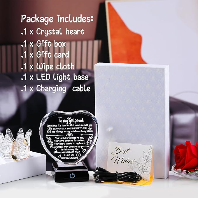 Arikyrist Gifts for Girlfriend Heart Crystal Keepsakes to My Girlfriend with Colorful Base Anniversary Birthday Graduation Gifts for Girlfriend from Boyfiend