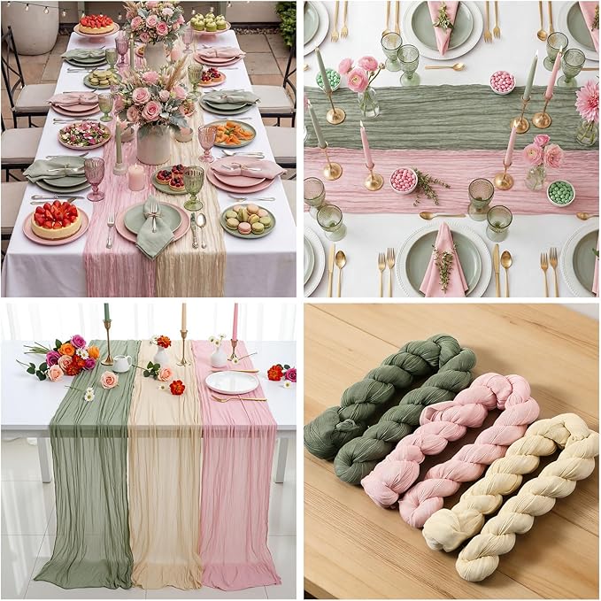 6 Pcs Sage Green and Pink Cheesecloth Table Runner Boho Gauze Cheese Cloth Runner 118" Rustic Table Decor for Engagement Wedding Bridal Baby Shower Birthday Party Home Arbor Decorations