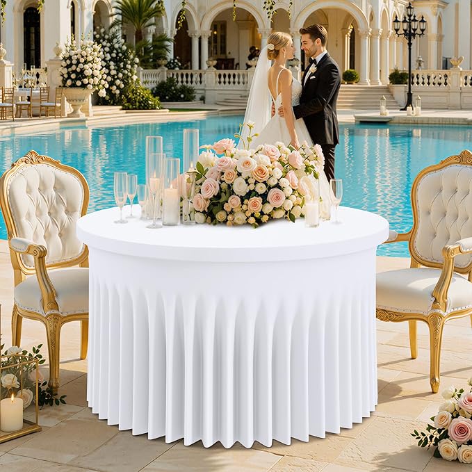 Smiry Round Spandex Tablecloth 2 Pack, Elastic Fitted Washable Tablecloths for 48 Round Tables, Waterpoof Stretch Table Cover Skirt for Outdoor, Wedding, Banquet & Parties, White