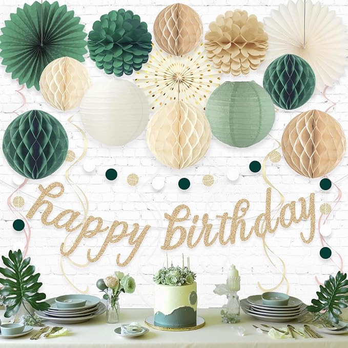 Sage Green Happy Birthday Decorations for Women, Pre-Strung Happy Birthday Banner with Honeycomb Balls, Paper Flowers, Lanterns, Hanging Swirls, Circle Dots Garland for Birthday Party Decor 24pcs