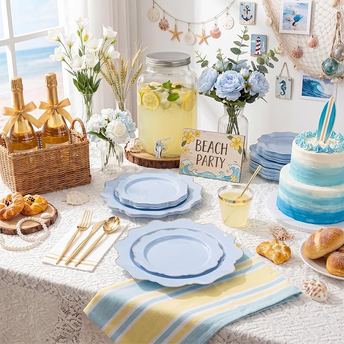 WDF 175Pcs Blue Plastic Plates - Heavy Duty Baby Blue Plates Disposable - 25Guests Plastic Dinnerware Ideal for Parties/Wedding/Baby Shower/Spring/First Communion/Father‘s Day