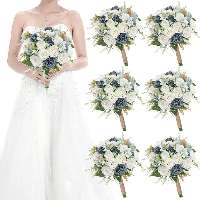 Set of 6 Bridesmaid Bouquets for Wedding - 7 Inch Artificial Rose Flower Bouquet for Bridesmaids Premade Floral Bouquets Party Ceremony Anniversary Decor - Dusty Blue
