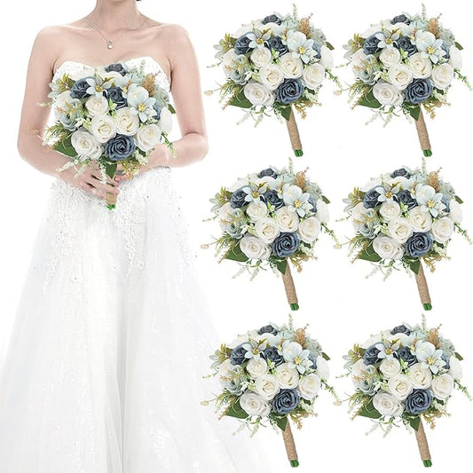 Set of 6 Bridesmaid Bouquets for Wedding - 7 Inch Artificial Rose Flower Bouquet for Bridesmaids Premade Floral Bouquets Party Ceremony Anniversary Decor - Dusty Blue