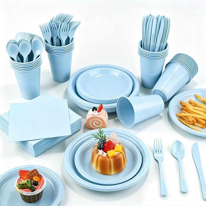 Kochorie 240 Pieces Light Blue Plastic Dinnerware Set Disposable Heavy Duty Plates Napkins Cups Silverware Dessert Dinner Plates for Birthday Wedding Baby Shower Party Supplies, Serves 30 Guests