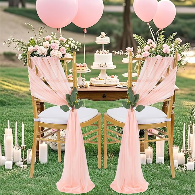 QueenDream Blush Chair Sashes Wedding Aisle Decorations: 16 Packs Tulle Draping Fabric Sheer Church Chair Cover Bulk for Baby Shower Party Banquet