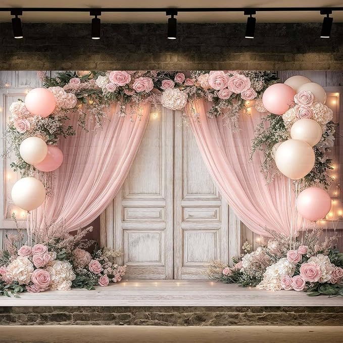 7X5ft Wedding Floral Backdrop Vintage White Wood Barn Doors Pink Rose Flowers Elegant Photography Background Bridal Anniversary Party Photo Shoot Decor Props