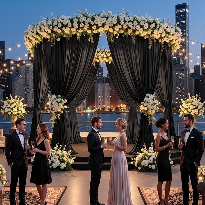 40ftx12ft Wrinkle Free Black Backdrop Curtain, 8 Panels 12FT Height Black Drapes for Wedding, Silky Polyester Photo Back Drop Cloth Draping for Birthday Party Photography Background
