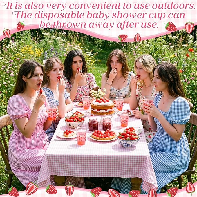Funnymoom 60 Pack Strawberry Plastic Cups 12 oz Pink Gingham Disposable Clear Plastic Drinking Cups for Summer Fruit Theme Baby Shower Birthday Holiday Party Decoration Supplies