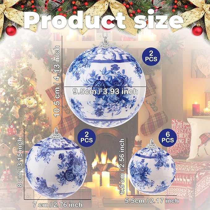 10 Pcs White Blue Christmas Chinoiserie Ornaments Ball Christmas Porcelain Plastics Balls Hanging Decoration for Home Tree Xmas Party Birthday Wedding (Elegant Style)