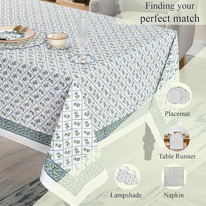 Ridhi Lattice Bloom Blue Hand Block Print Cotton Rectangle Tablecloth 60" x 60" inches Reusable Table Cover Decorative Everyday Use for Dining Room, Farmhouse, Home Gift for Spring, Mother's Day