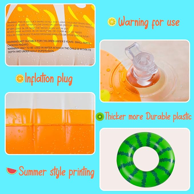 90shine 3-Pack Fruit Pool Floats: Inflatable Floaties Rings, Floating Tubes & Toys for Kids Adults, Swimming Beach Pool Party Decorations