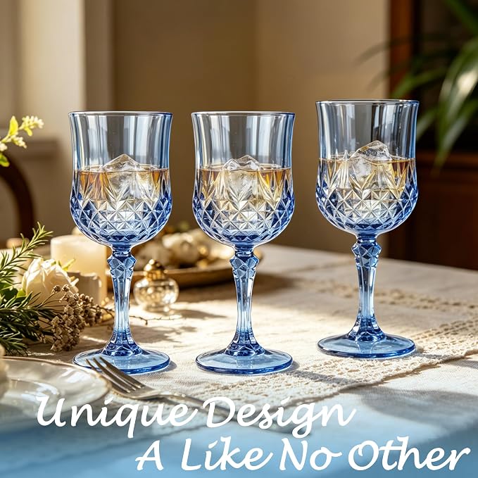 Plastic Wine Glasses, Plastic Goblets Vintage Style Cordial Unbreakable Drinking Glasses， Reusable Drinkware for Wedding Reception, Grand Event Party Supplies(24, Blue)