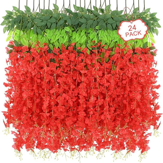 24Pcs Artificial Wisteria Hanging Flowers, 3.6Ft/Pcs Red Fake Wisteria Garland for Wedding Party Home Garden Indoor Outdoor Decoration