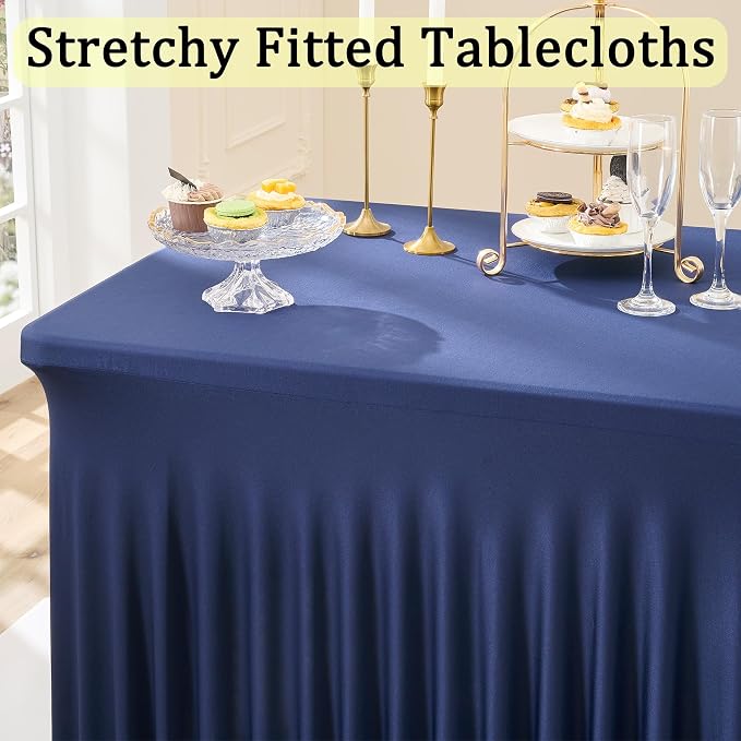 6 Pack Spandex Navy Blue Tablecloths for 6 Foot Rectangle Tables, Wrinkle Free Fitted Table Cloth 6ft Stretchy Table Skirt Cover for Parties Weddings Birthday Banquet Baby Shower