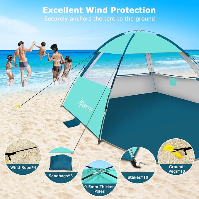COMMOUDS Beach Tent Sun Shelter for 3/4/6/8 Person, UPF 50+ UV Protection Beach Shade Canopy Tent, Lightweight, Easy Set Up and Carry