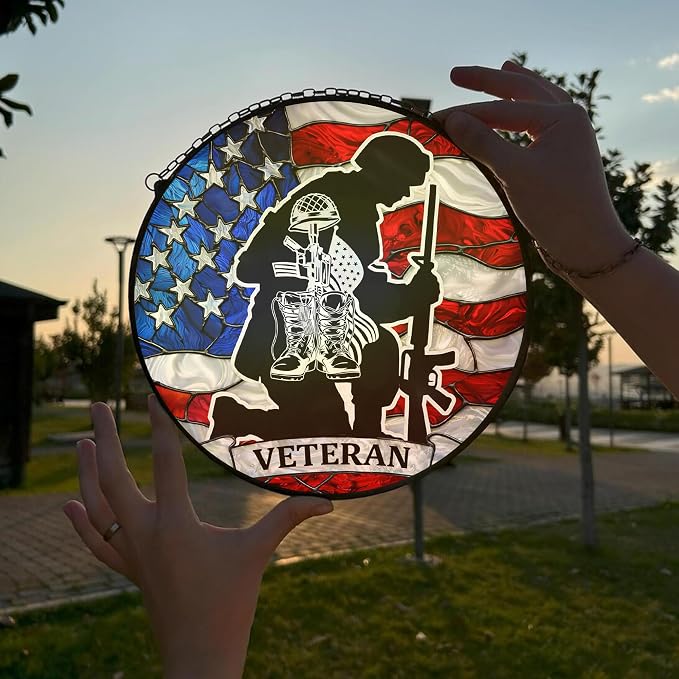 Army Veteran Stained Glass Suncatcher 6x6'', Veteran Day Gift, Army Retirement Gifts for Men, Military Retirement Gifts for Men, Keepsake Decor