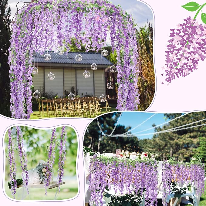 Thiccywoov 4pcs Wisteria Artificial Flowers Garland, 7.2Ft/Piece Wisteria Hanging Flowers Garland for Wedding Arch Decoration Outdoor Ceremony Home Backdrop Garden (Purple,Light Purple)