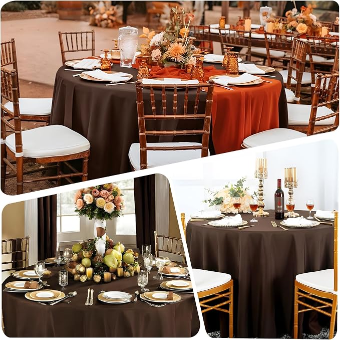 8 Pack Brown Round Tablecloth 120 Inch Round Table Cloth, Wrinkle Resistant and Washable Polyester Fabric Table Cloth Round Table Cover for Dining Wedding Banquet Party
