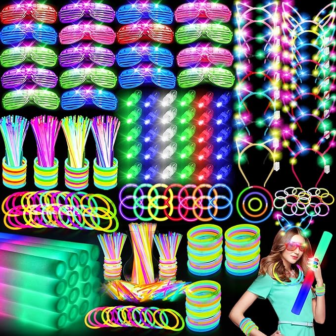 OLUPP 282 PCS Glow in the Dark Party Supplies, 18 Foam Sticks, 18 LED Glasses, 200 Glow Sticks, 30 Finger Lights, 8 Bunny Ear Headband and 8 LED Cat Ear Headband for Wedding,Birthday,Concert,New Year