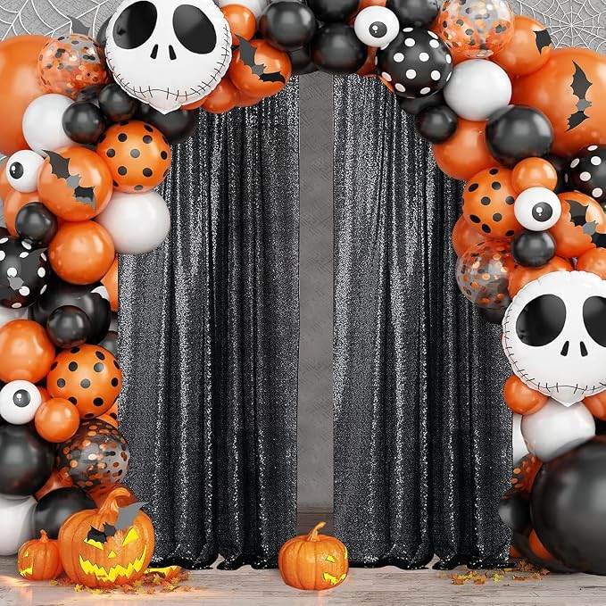 Sugargirl Halloween Black Sequin Backdrop Curtain 6 Panels 2FTx8FT Glitter Black Background Drapes Sparkle Photography Backdrop for Party Wedding Birthday Wall Decoration